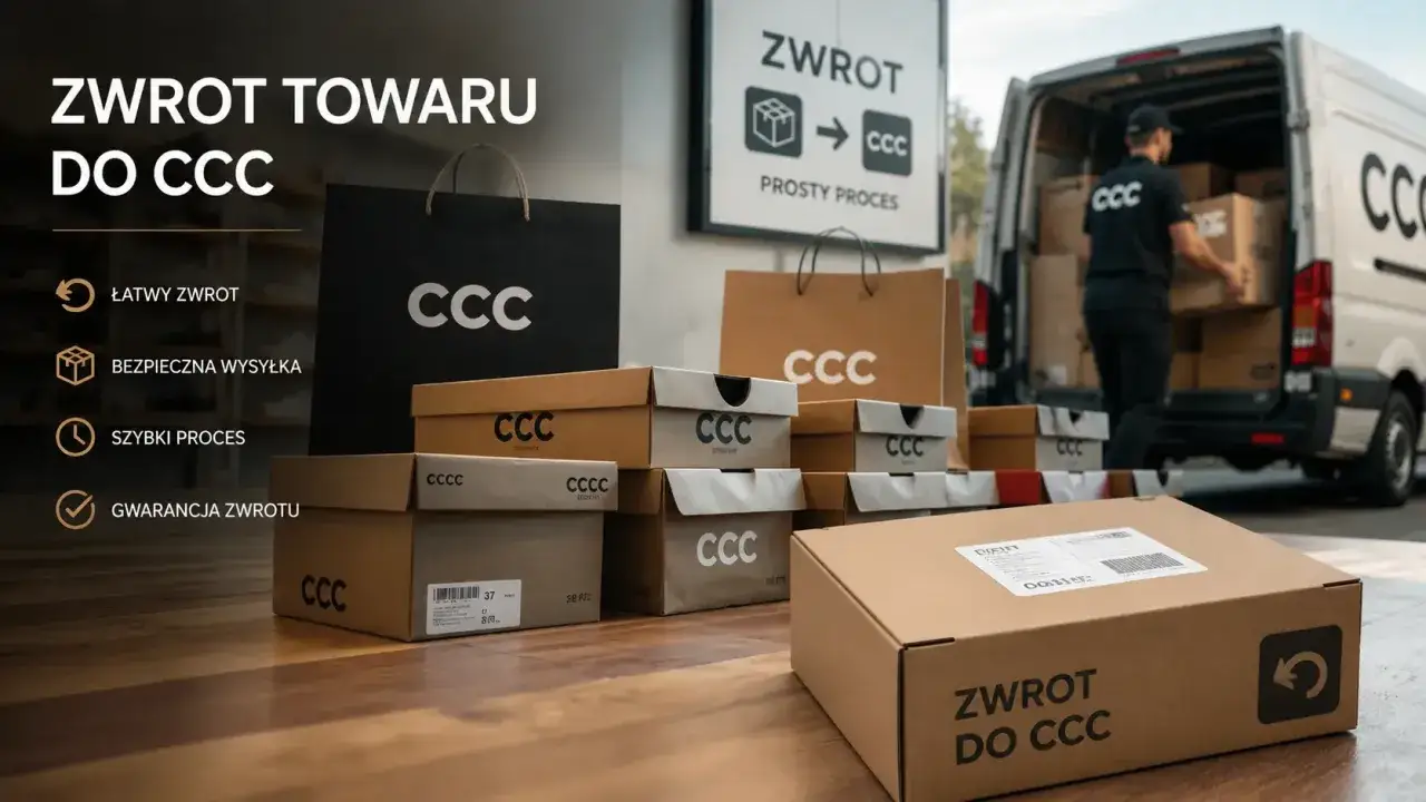 Łatwy zwrot do CCC: stosy pudeł i toreb z logo CCC, kurier ładuje paczki do vana. Prosty proces zwrotu.
