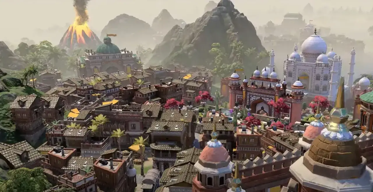 Eine blühende Stadt im Stil von Civilization 7, mit einem rauchenden Vulkan im Hintergrund und dem Taj Mahal als Wahrzeichen.