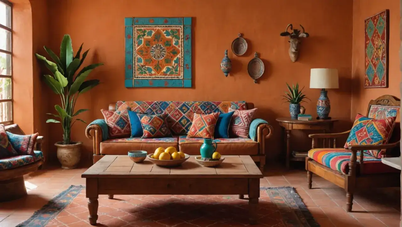Salon chaleureux avec des couleurs vives, des motifs ethniques et une plante luxuriante, créant une ambiance mexicaine authentique.