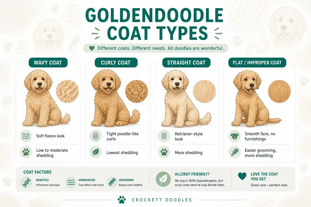 Ilustraci&oacute;n de cuatro tipos de pelo de Goldendoodle: ondulado, rizado, liso y plano. Cada perro tiene un pelaje distinto.