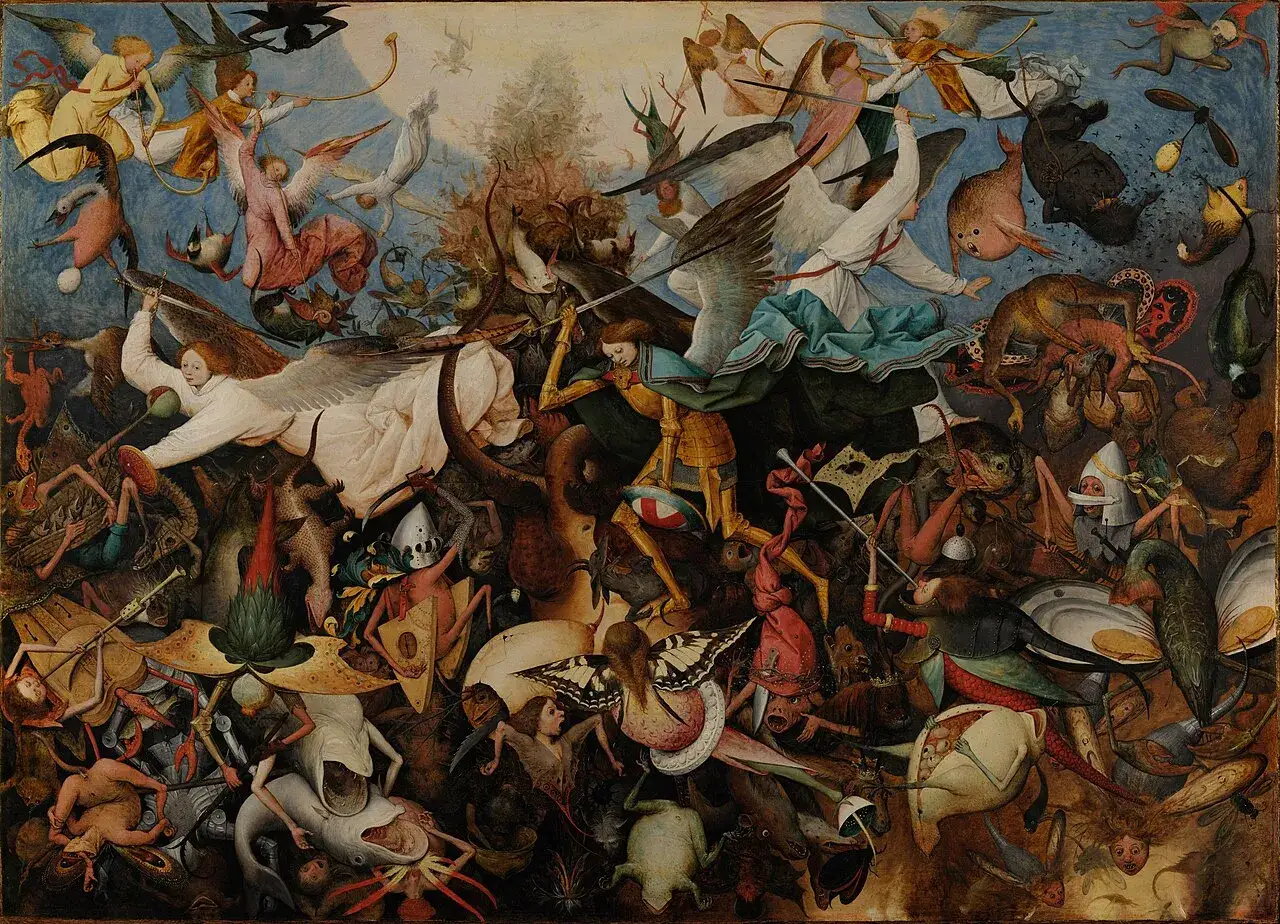 Scena walki aniołów z demonami, gdzie Lucyfer, upadły anioł, jest uosobieniem zła.
