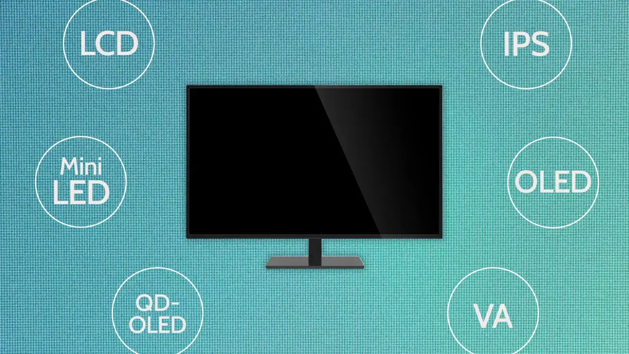 Centralny monitor otoczony okręgami z nazwami: LCD, Mini LED, QD-OLED, IPS, OLED, VA. R&oacute;żne rodzaje matryc w monitorach.