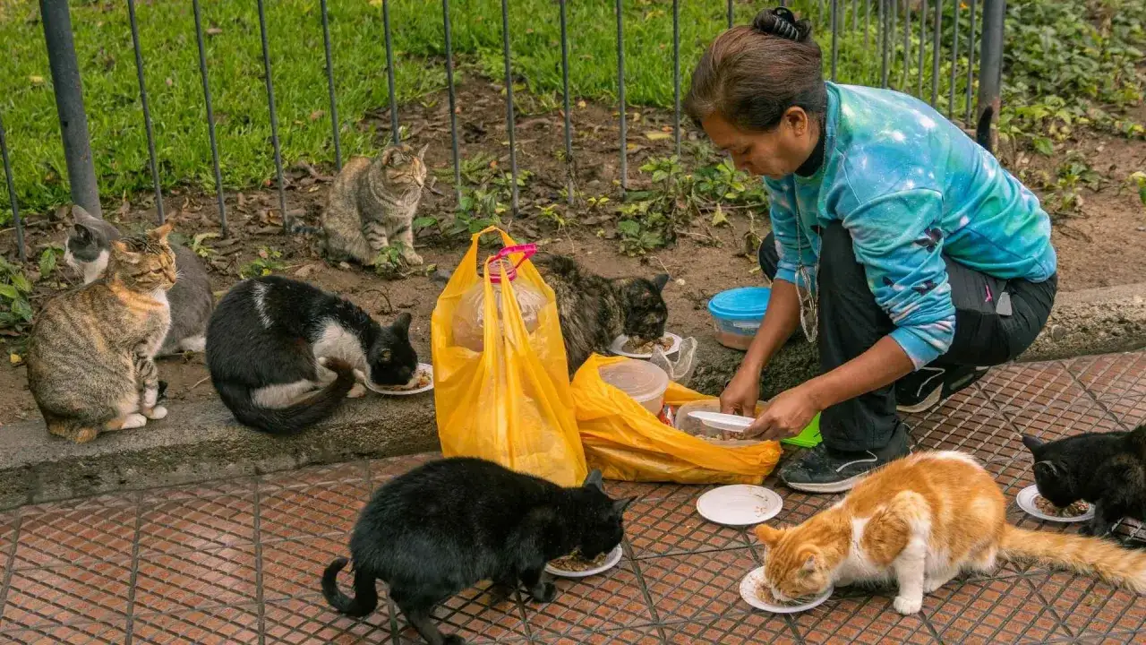 Una mujer alimenta a varios gatos callejeros. Los gatos comen de platos en el suelo, mostrando qué comen los gatos callejeros.