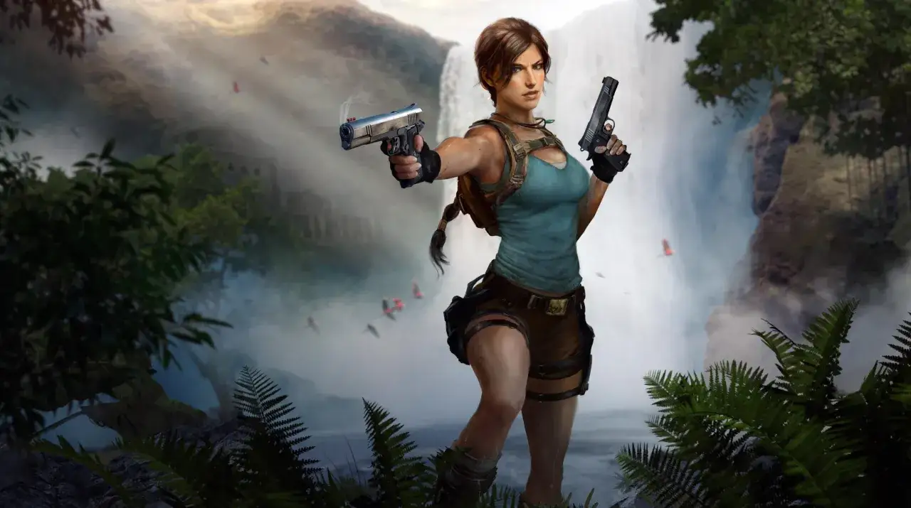 Nowy Tomb Raider w akcji, z pistoletami w dłoniach, na tle wodospadu i bujnej roślinności.