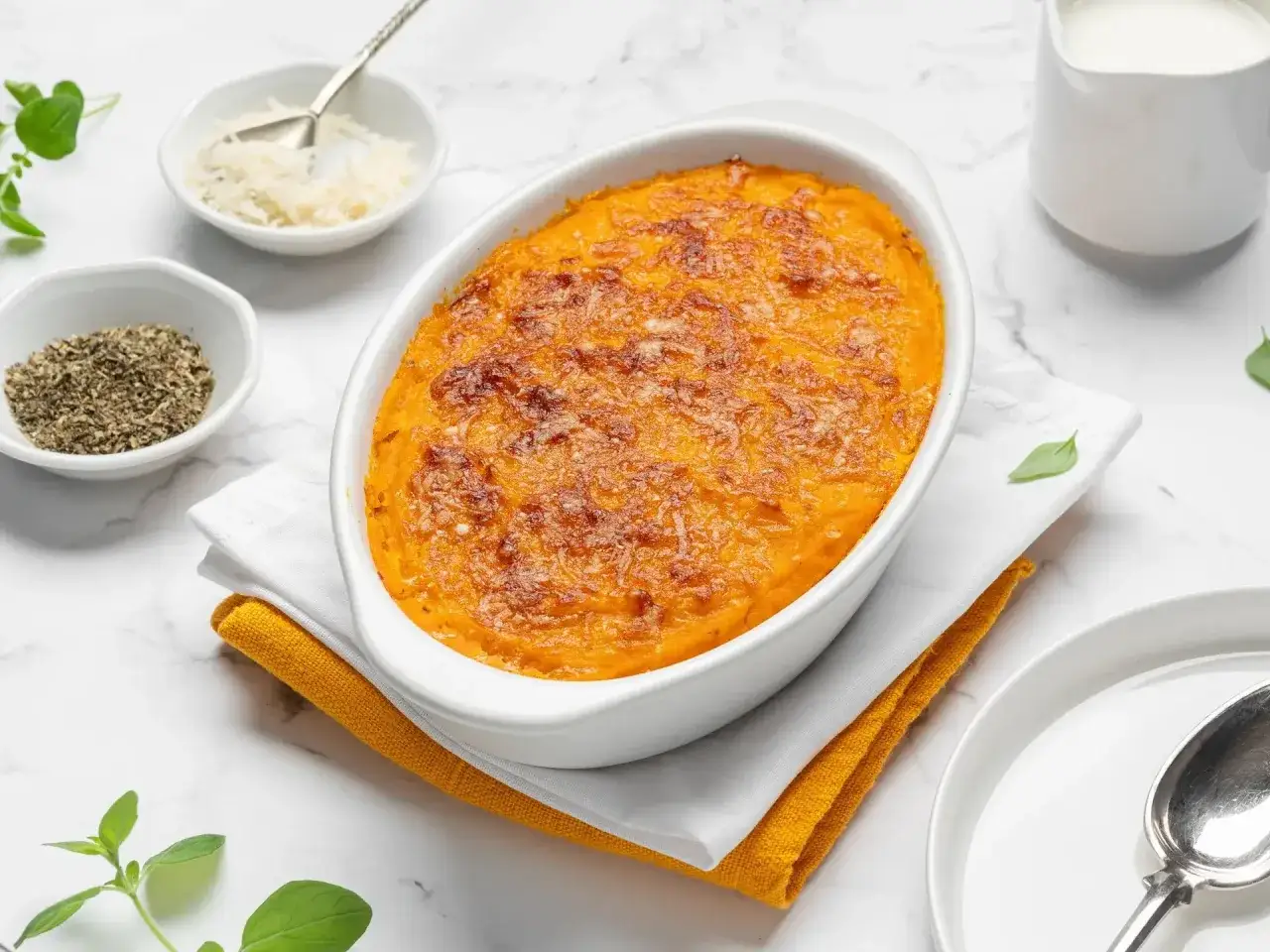 Un délicieux gratin butternut pomme de terre, doré au four, servi avec du fromage râpé et des herbes. Parfait pour un repas réconfortant.