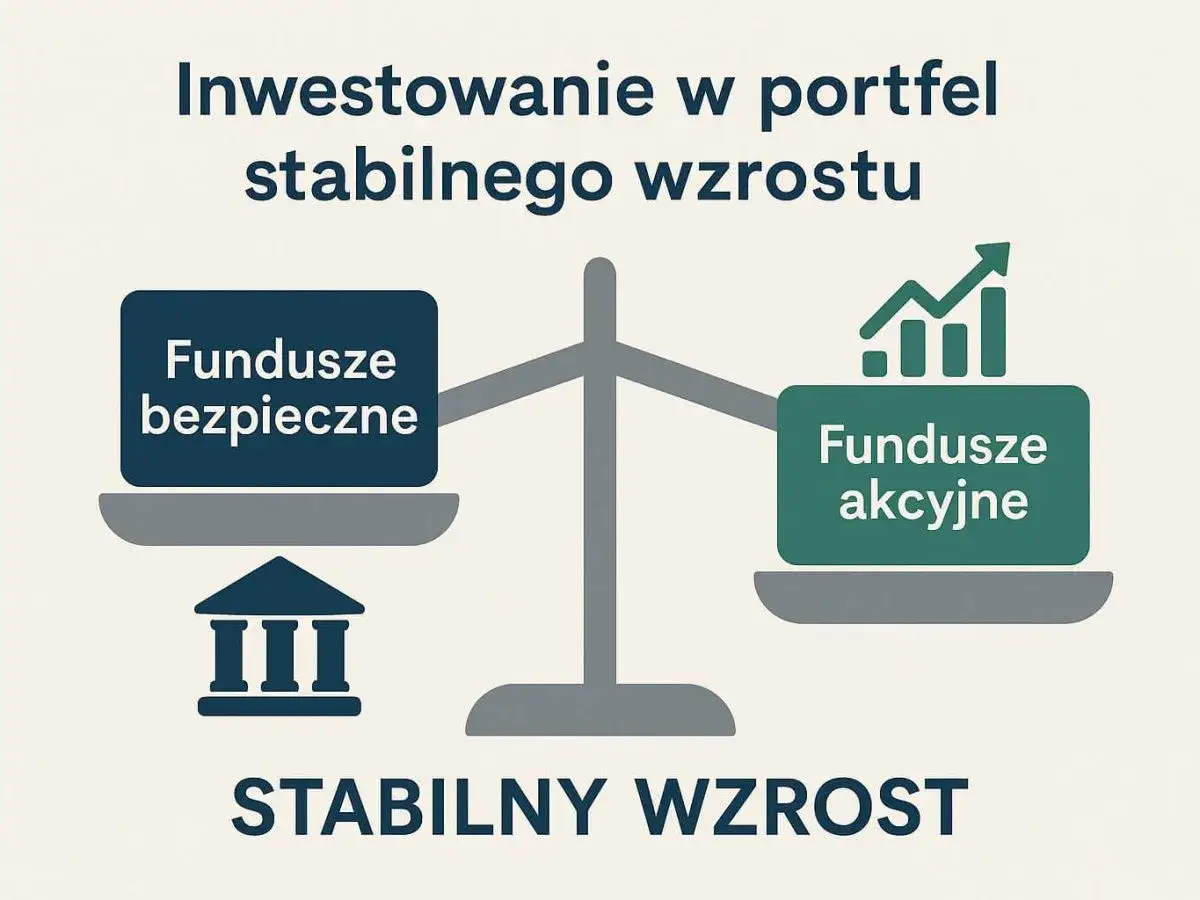 Waga symbolizuje inwestowanie w portfel stabilnego wzrostu. Po jednej stronie fundusze bezpieczne, po drugiej fundusze akcyjne.