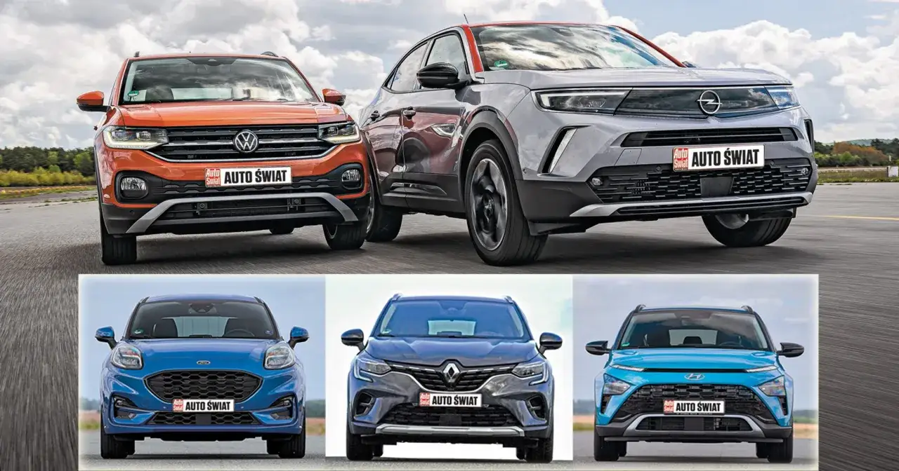 Pomarańczowy Volkswagen i szary Opel to małe SUV-y. Poniżej Ford Puma, Renault Captur i niebieski Hyundai.