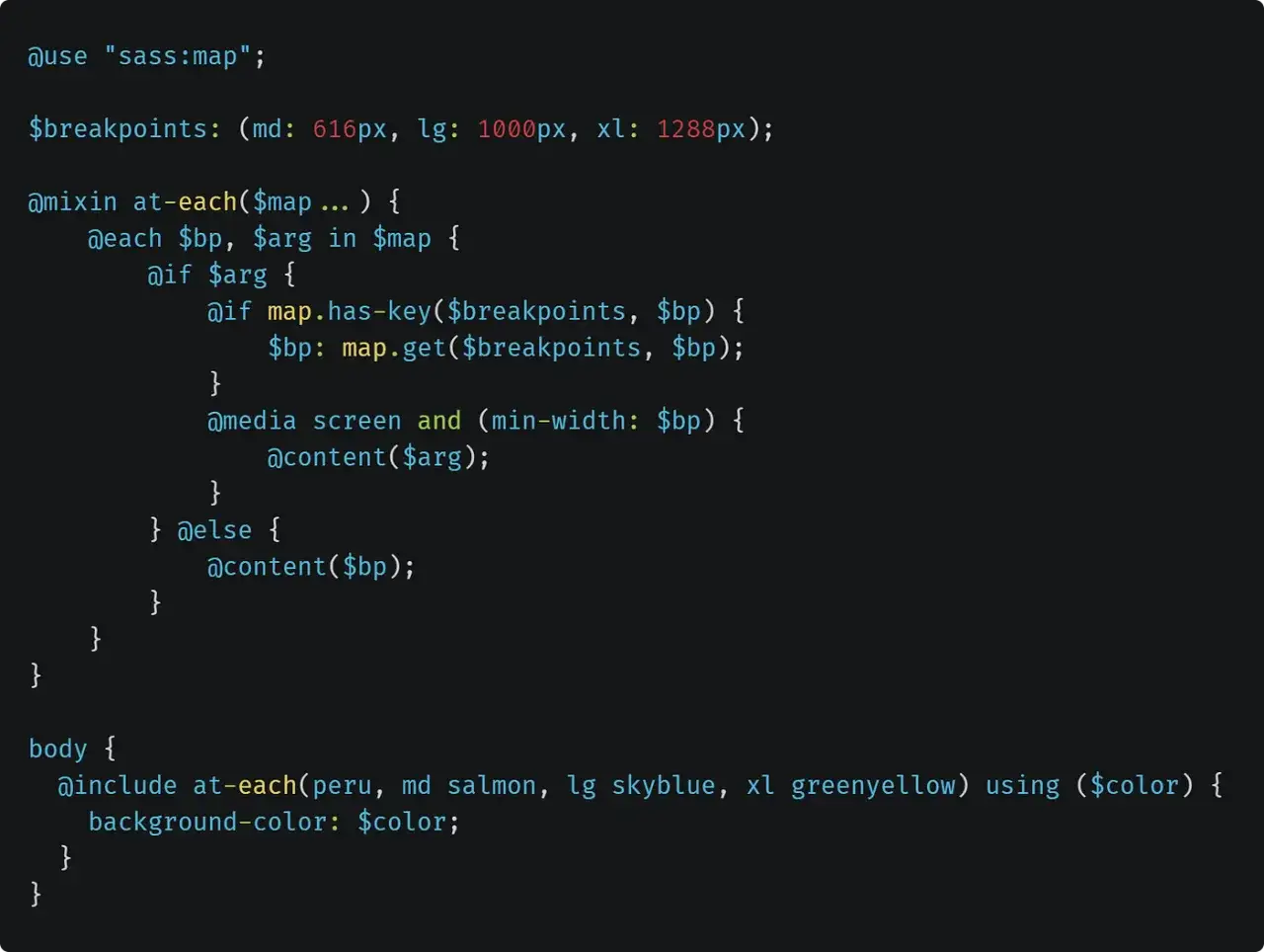 Kod Sassa: @mixin at-each tworzy media query dla breakpoint&oacute;w, używając mapy kolor&oacute;w.