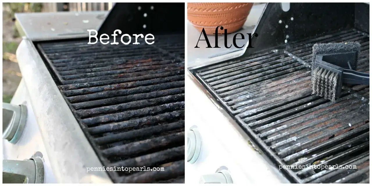 Before and after of a grill, showing the best way to clean a grill with a wire brush.