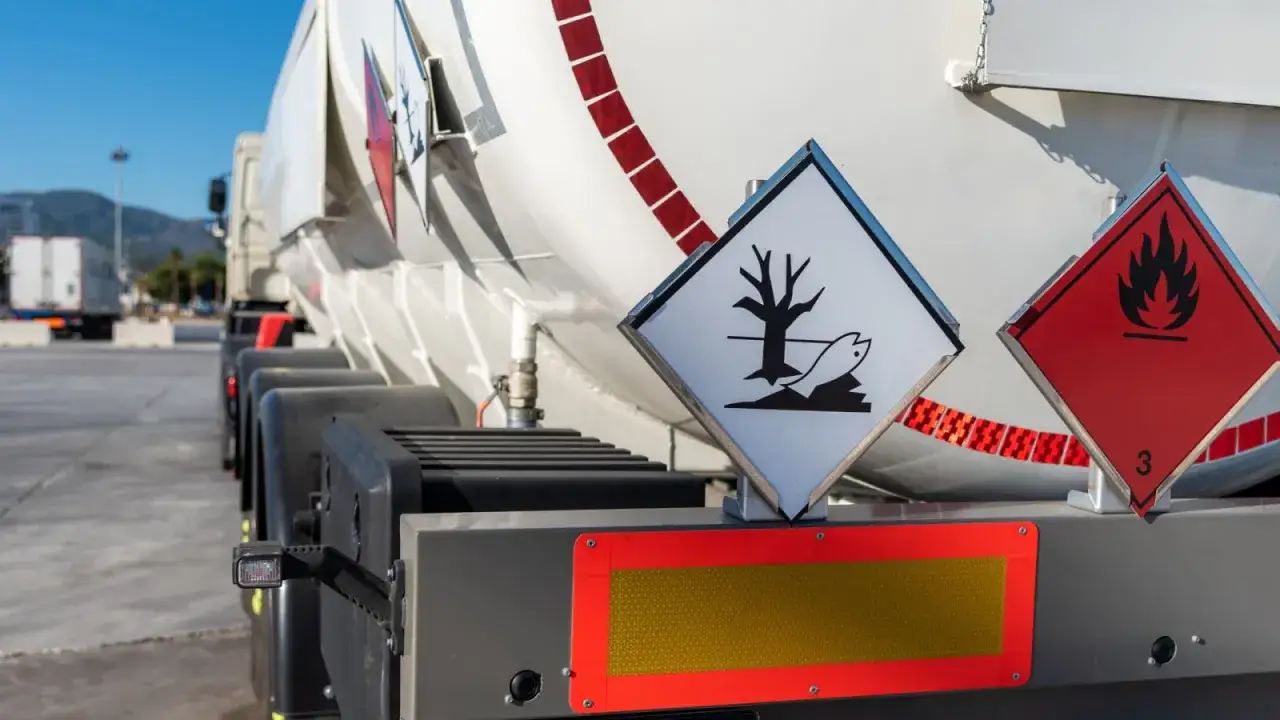 Zbliżenie na cysternę z oznaczeniami ADR: symbol zagrożenia dla środowiska i płomień.