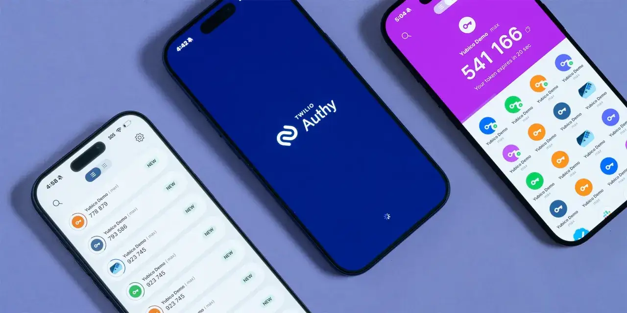 Trzy smartfony prezentują aplikację uwierzytelniającą Authy. Na jednym widać ekran logowania, na drugim listę kodów, a na trzecim duży, wygasający kod.