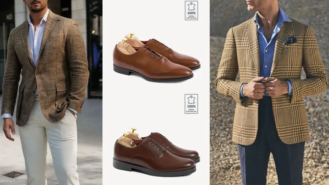 Eleganckie stylizacje na komunię: brązowe marynarki i sk&oacute;rzane buty. Inspiracje dla pan&oacute;w.