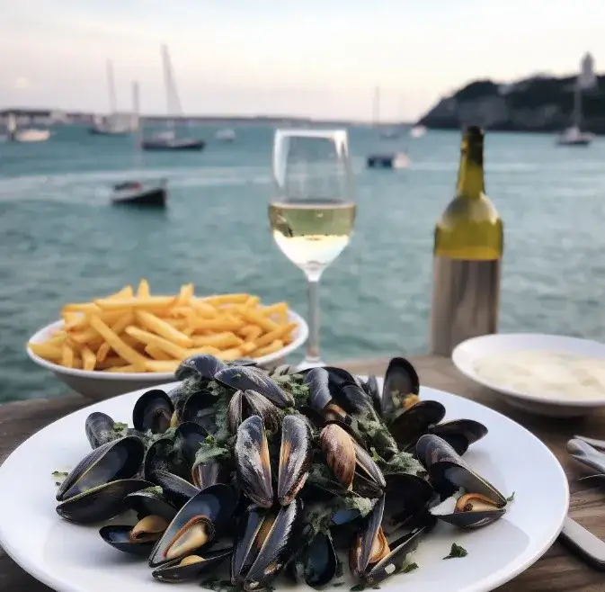 Bouteille de vin blanc sec avec un verre et des p&acirc;tes aux moules