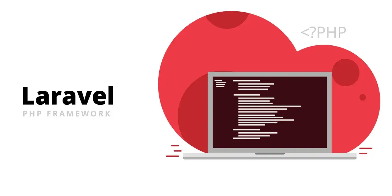 Laravel PHP Framework: Ein Laptop zeigt Code, umgeben von roten Kreisen. Ideal für ein Laravel Tutorial Deutsch.