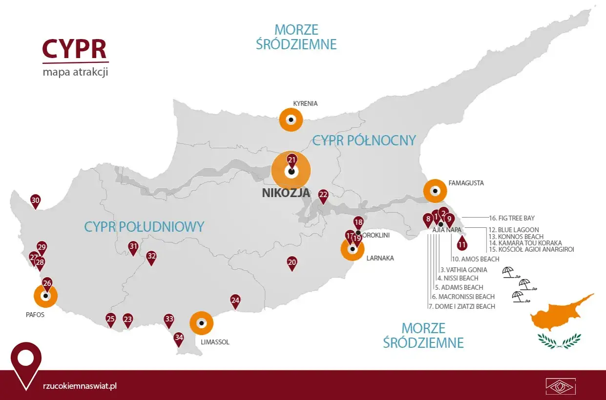 Mapa Cypru z zaznaczonymi atrakcjami. Widać wybrzeże Morza Śródziemnego, miasta jak Nikozja, Pafos, Limassol, Famagusta, Kyrenia.