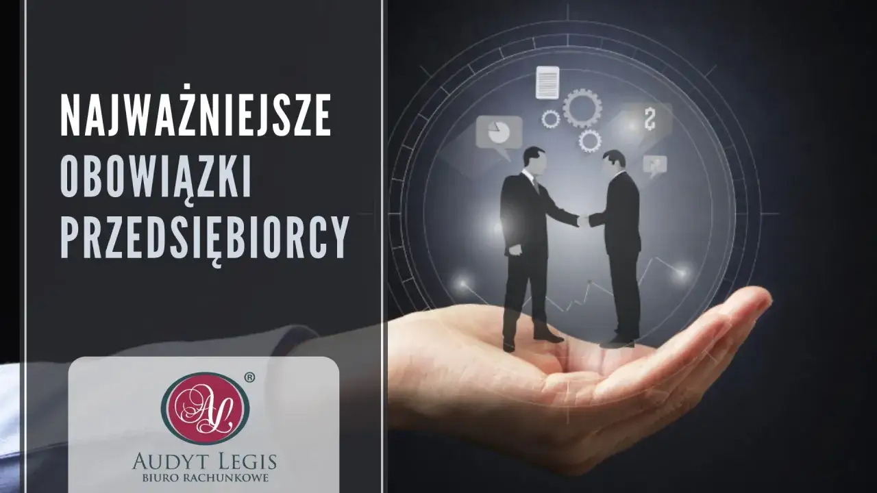 Najważniejsze obowiązki przedsiębiorcy: dwóch mężczyzn w garniturach ściska sobie dłonie na tle schematu biznesowego.