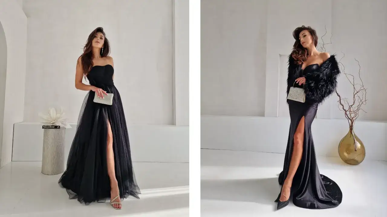 Elegancka kobieta w czarnej sukience z rozcięciem. Czy wypada iść w czarnej sukience na wesele? Ta stylizacja pokazuje, że tak, jeśli jest odpowiednio dobrana.