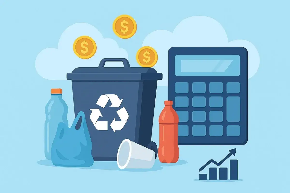 Kalkulator, kosz na śmieci z symbolem recyklingu, monety i butelki. Obliczanie ceny za kg skupu plastiku.