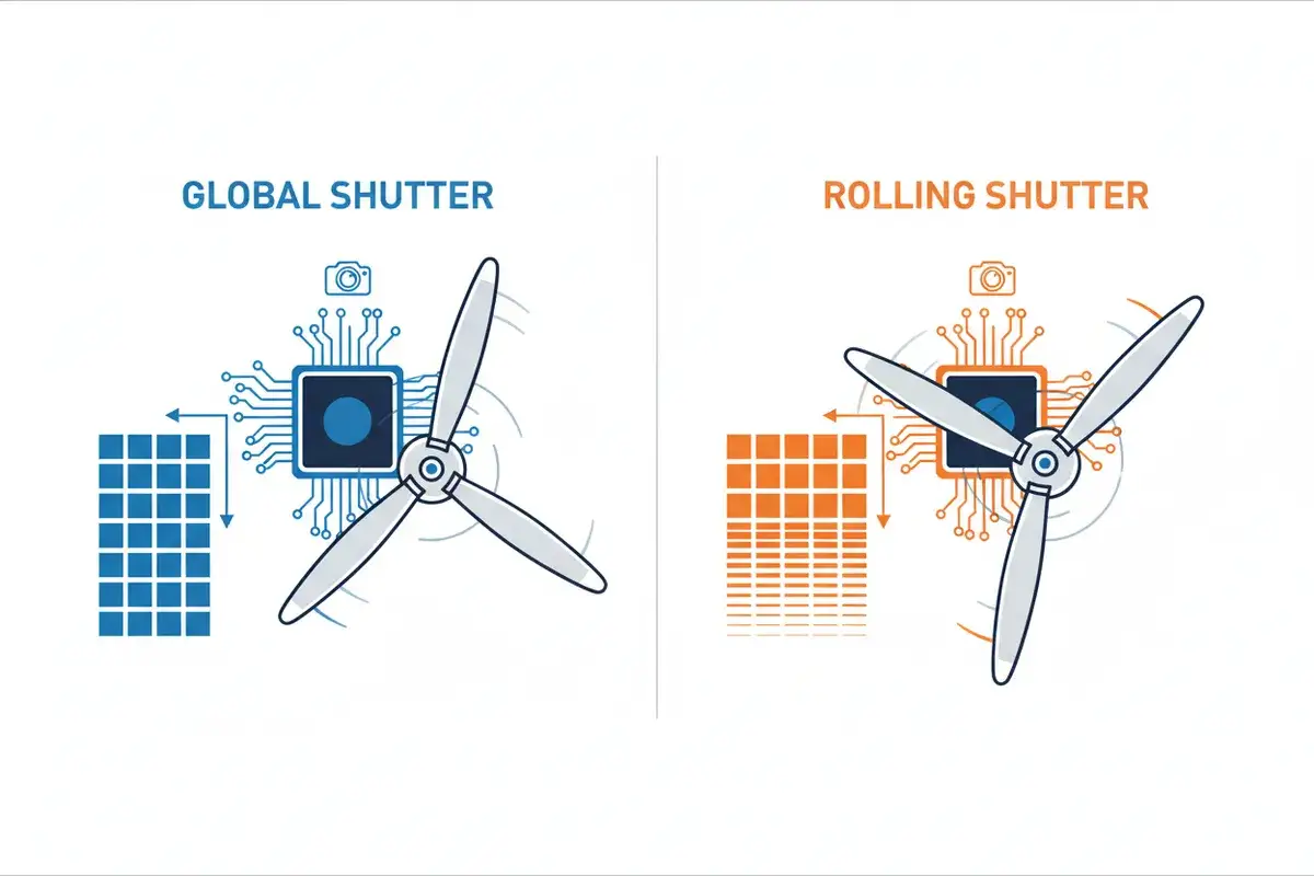 Por&oacute;wnanie global shutter i rolling shutter. Po lewej global shutter, po prawej rolling shutter z efektem zniekształcenia.