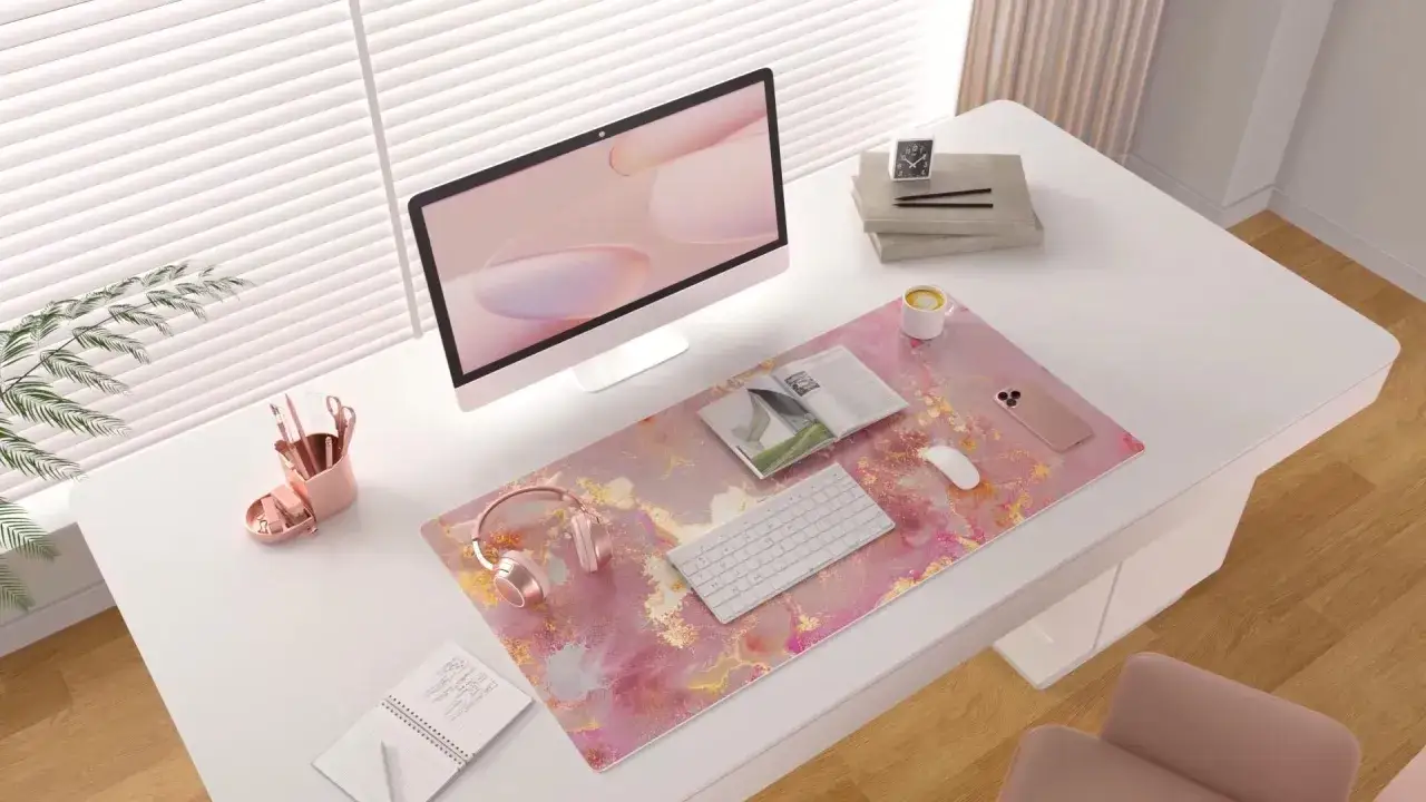 En stilren arbetsplats med en dator, tangentbord och mus på en vacker, rosa musmatta med marmorering. Hörlurar och en mobiltelefon ligger också på den rosa musmattan.