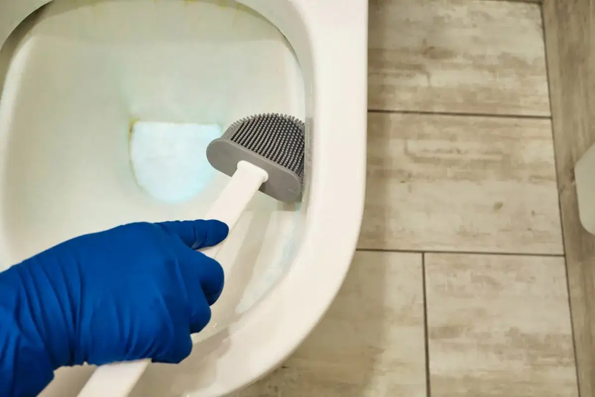 Main tenant, une brosse de toilette en silicone grise frotte le fond de la cuvette, &eacute;liminant un d&eacute;p&ocirc;t marron.