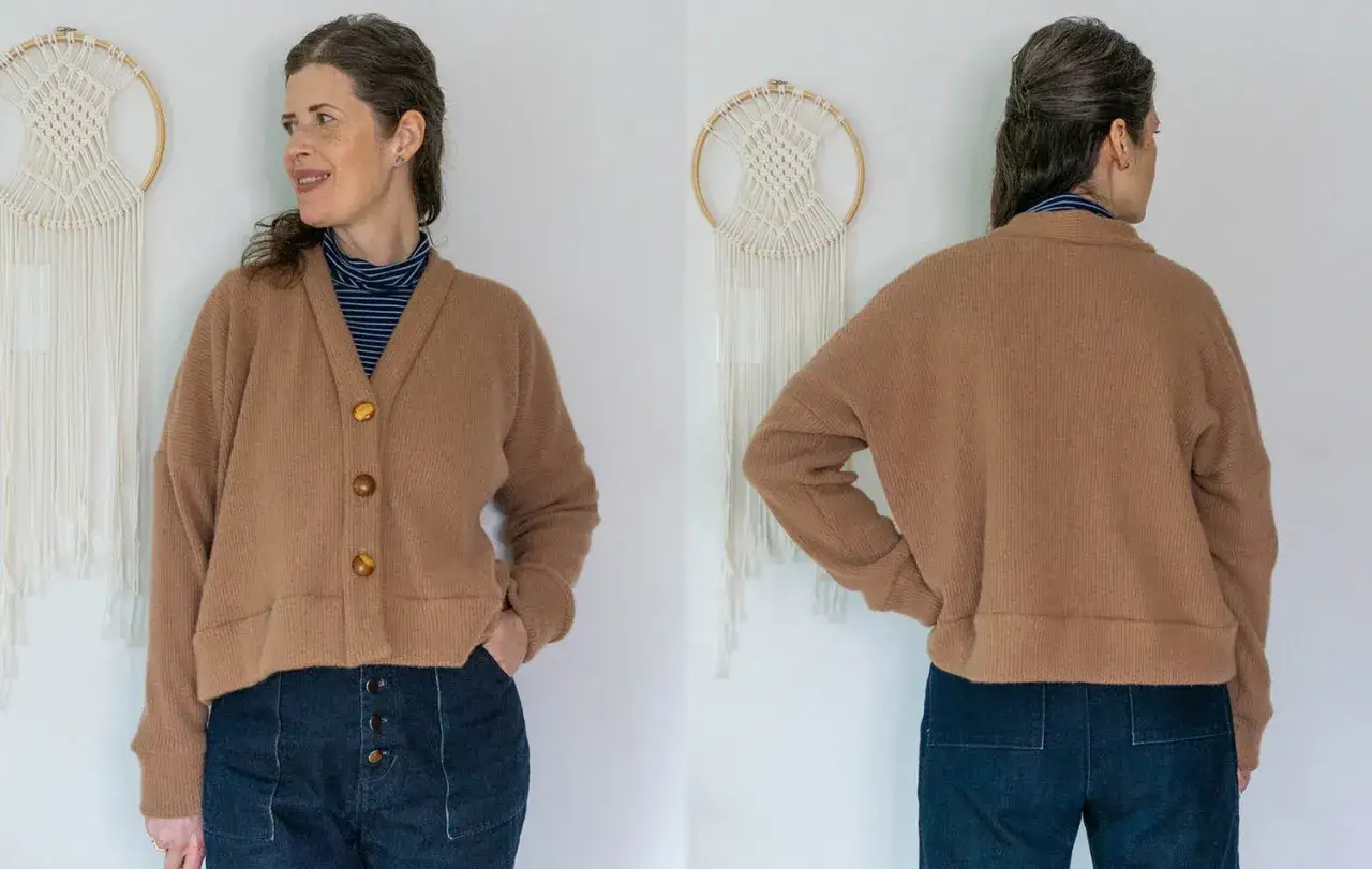 A woman models a cozy brown cardigan, showing front and back views. This image offers inspiration for how to make a cardigan.