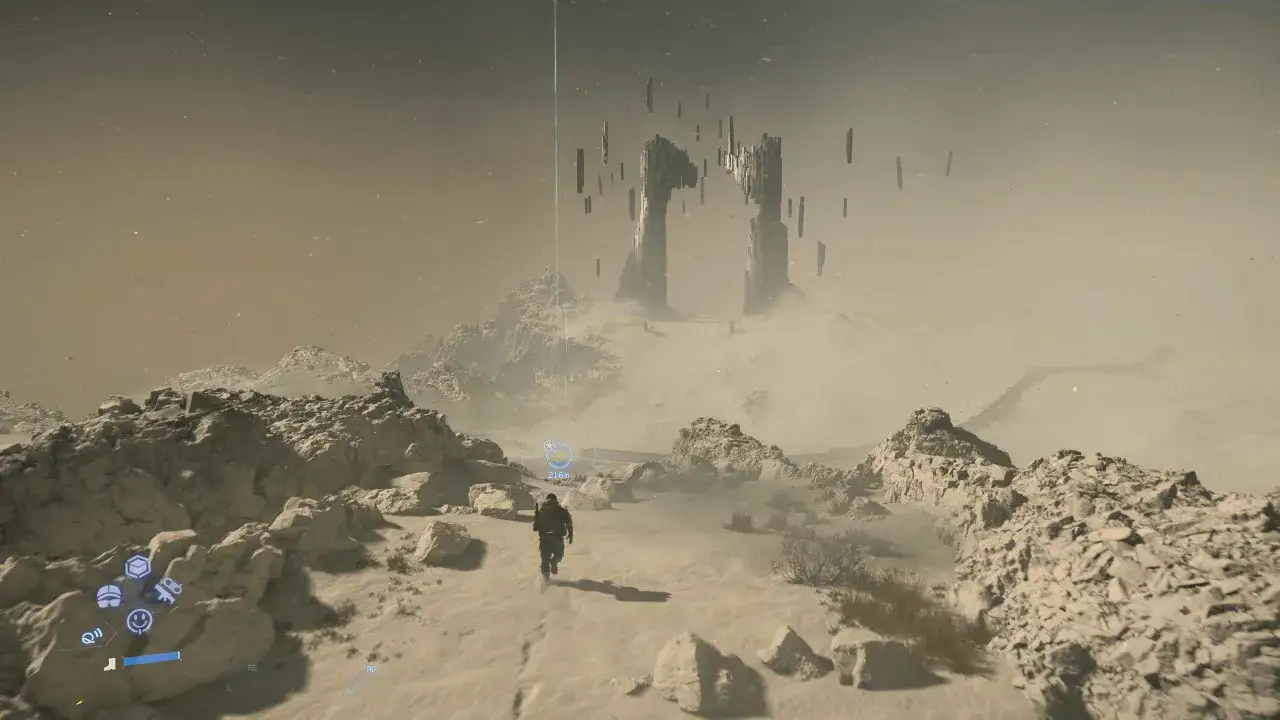 Sam Porter Bridges przemierza pustkowia w Death Stranding 2 PS5, zbliżając się do surrealistycznej, lewitującej budowli.