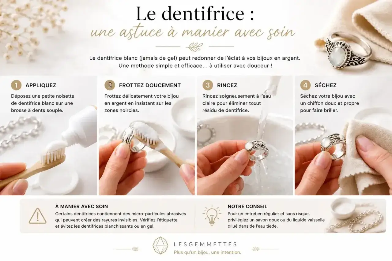 Comment nettoyer des bijoux en argent avec du dentifrice blanc : appliquer, frotter doucement, rincer et s&eacute;cher. Une astuce pour redonner de l'&eacute;clat.
