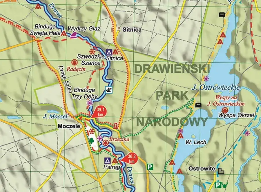 Mapa Drawieńskiego Parku Narodowego, Poligon Drawski rzeka Drawa
