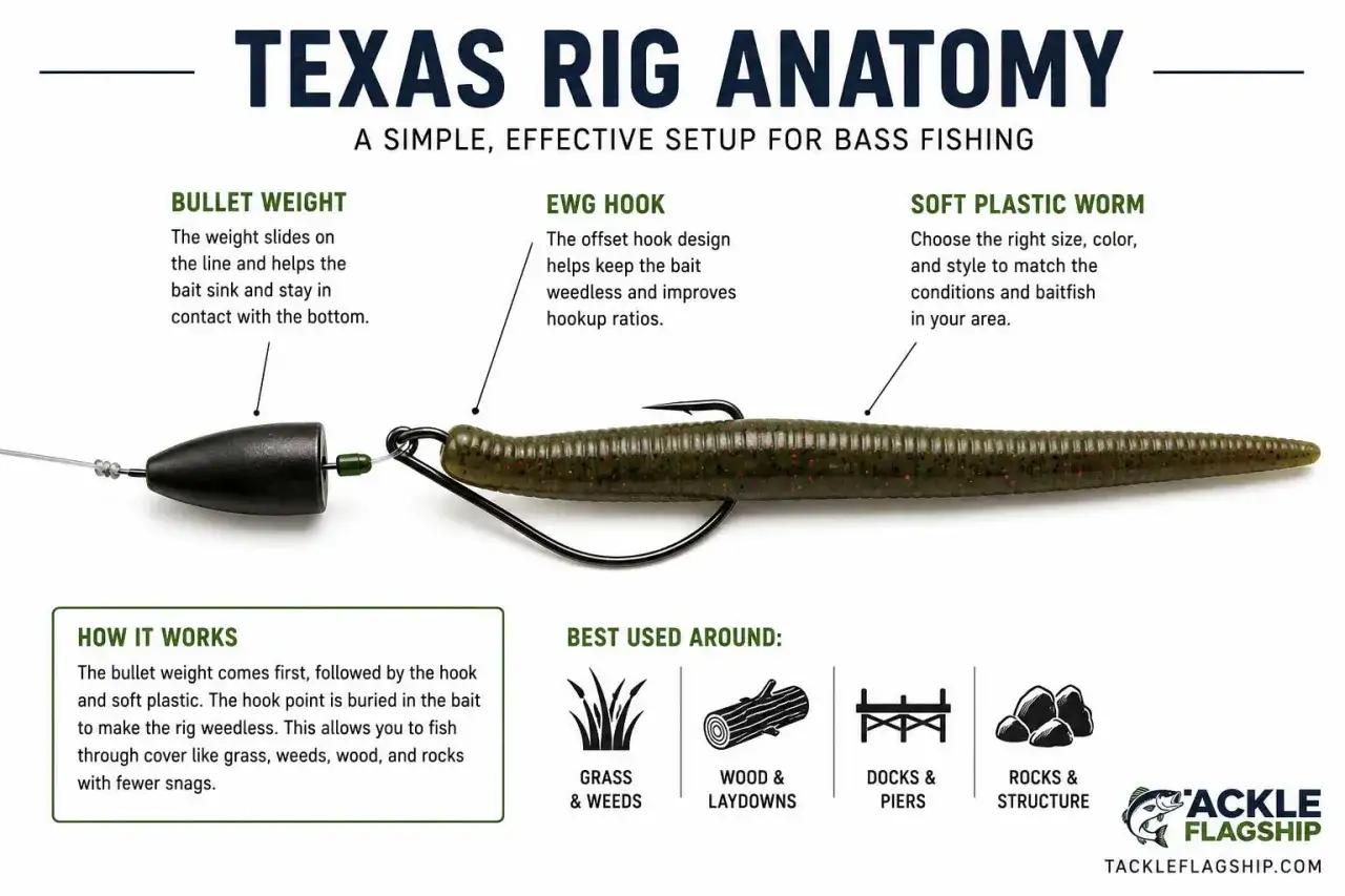 Anatomia texas rig: ciężarek kulowy, haczyk EWG i robak z tworzywa sztucznego. Idealny do łowienia w zaroślach.