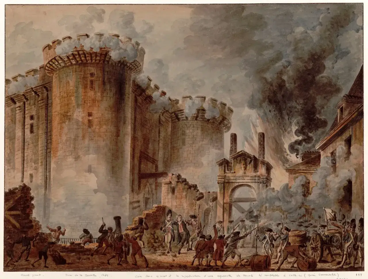 Szturm na Bastylię, 1789. Lud walczy o wolność, dym unosi się nad Paryżem. Vive la France!
