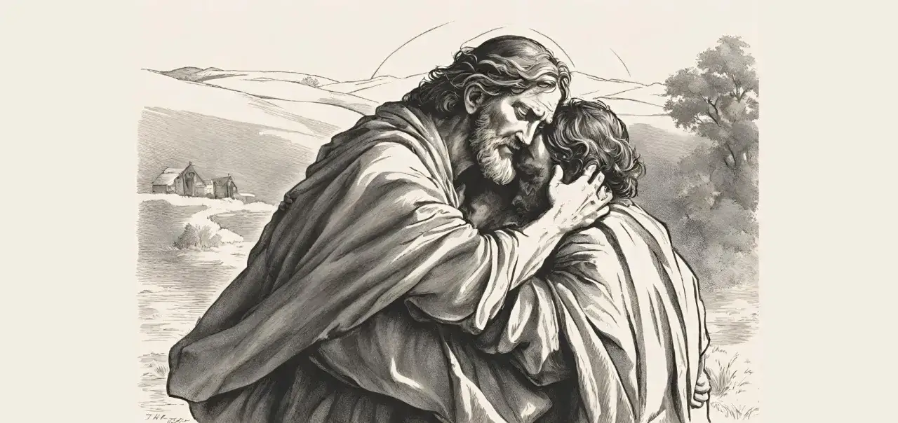 Jezus obejmuje grzesznika, ukazując, jak pogodzić wiarę w miłosierdzie z koncepcją kary za grzechy.