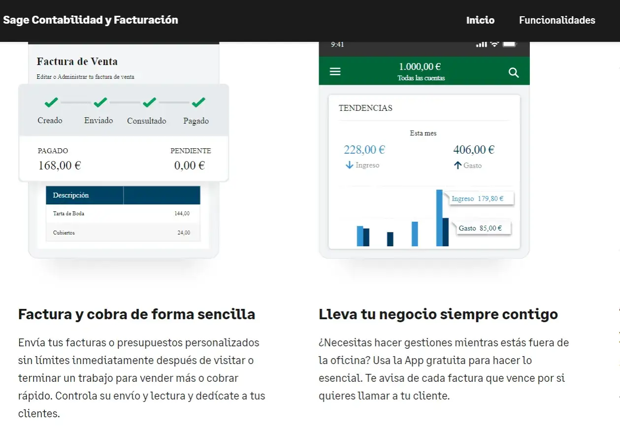 Interfaz de una app para hacer facturas gratis, mostrando el estado de pago y tendencias de ingresos y gastos.