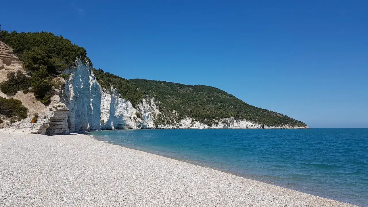 Spiaggia bianca puglia con scogliere a picco sul mare azzurro e vegetazione mediterranea.