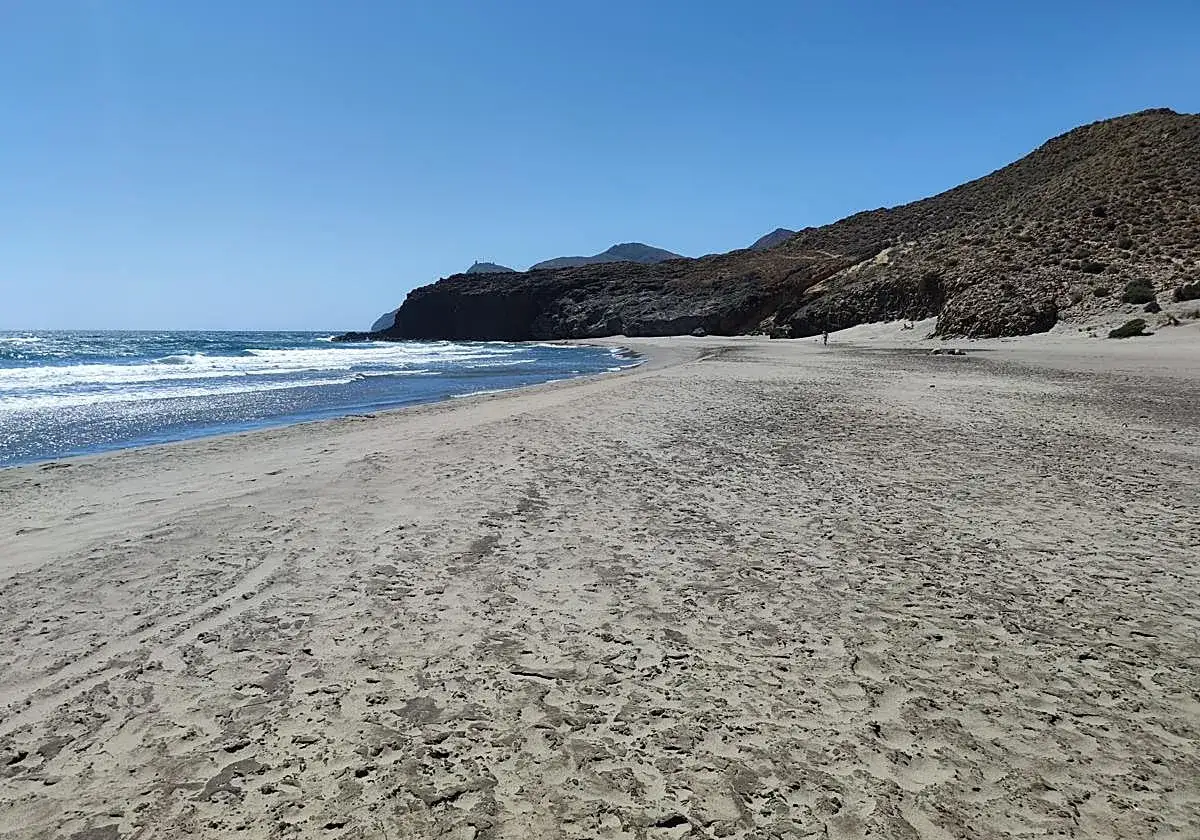 Playa de arena en Almerimar, Almer&iacute;a, con el mar azul y las monta&ntilde;as rocosas de fondo.