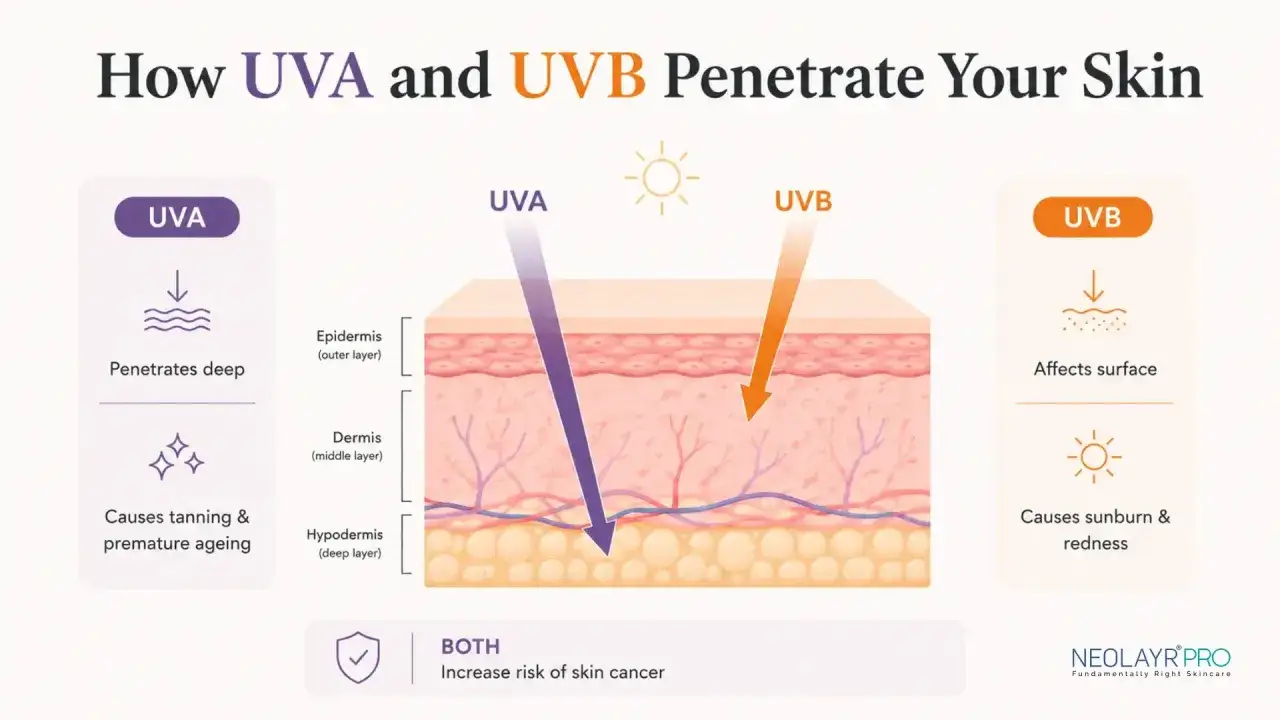 Illustration montrant comment les rayons UVA pénètrent profondément dans la peau, causant le vieillissement prématuré, tandis que les rayons UVB affectent la surface, provoquant coups de soleil et rougeurs. Les deux augmentent le risque de cancer.