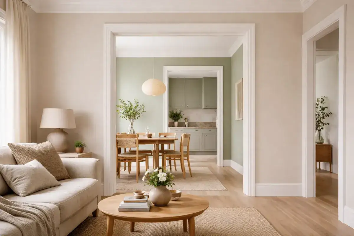 En ljus och harmonisk inredning med en bekv&auml;m soffa, ett runt soffbord och en matplats med k&ouml;k i bakgrunden.