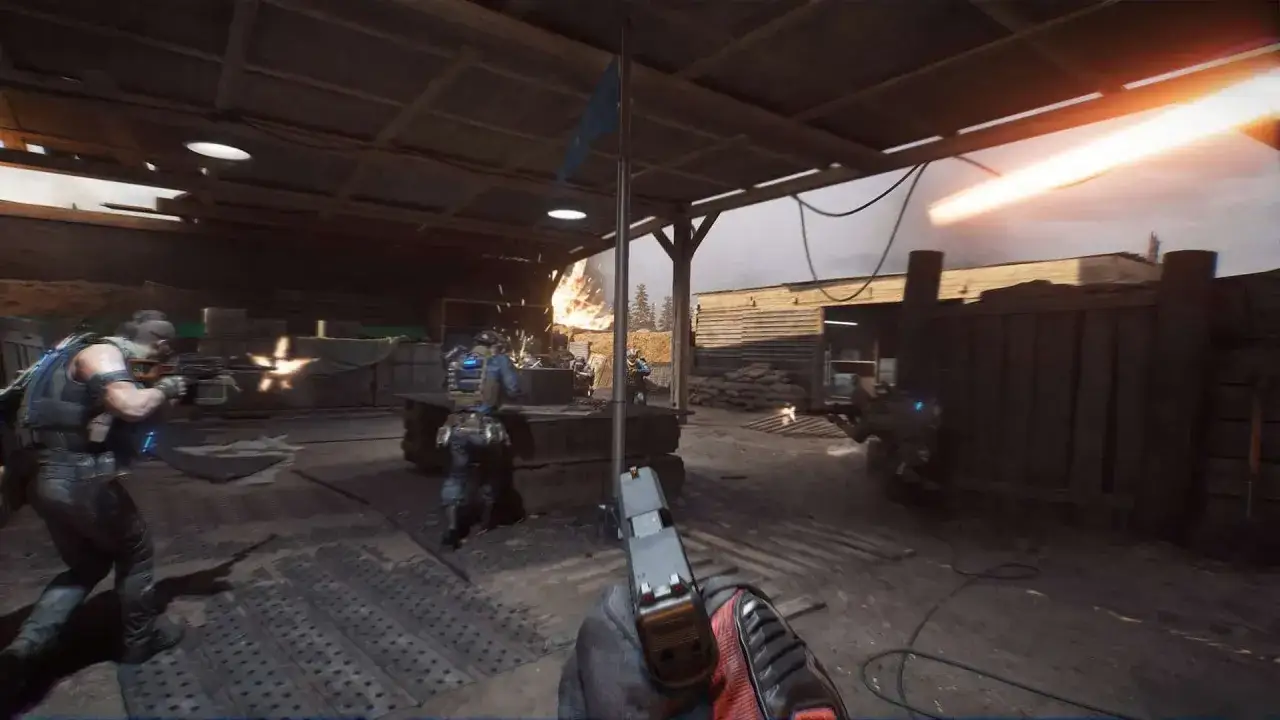 Intensywna akcja w grze Delta Force na PS5. Żołnierze w ogniu walki, wybuchy i strzały.