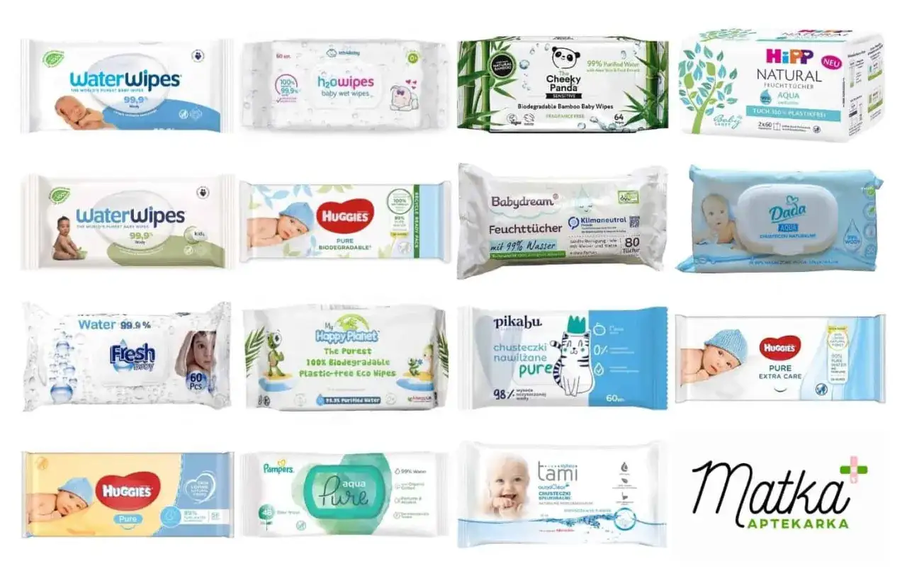 Szukasz najlepszych chusteczek dla noworodka? Na zdjęciu znajdziesz r&oacute;żne marki: WaterWipes, HUGGIES, Dada, Pampers i inne.