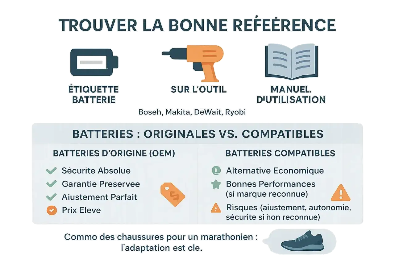 Peut-on mettre une batterie plus puissante sur une visseuse ? L'image compare batteries d'origine et compatibles, soulignant les risques des non-reconnues.