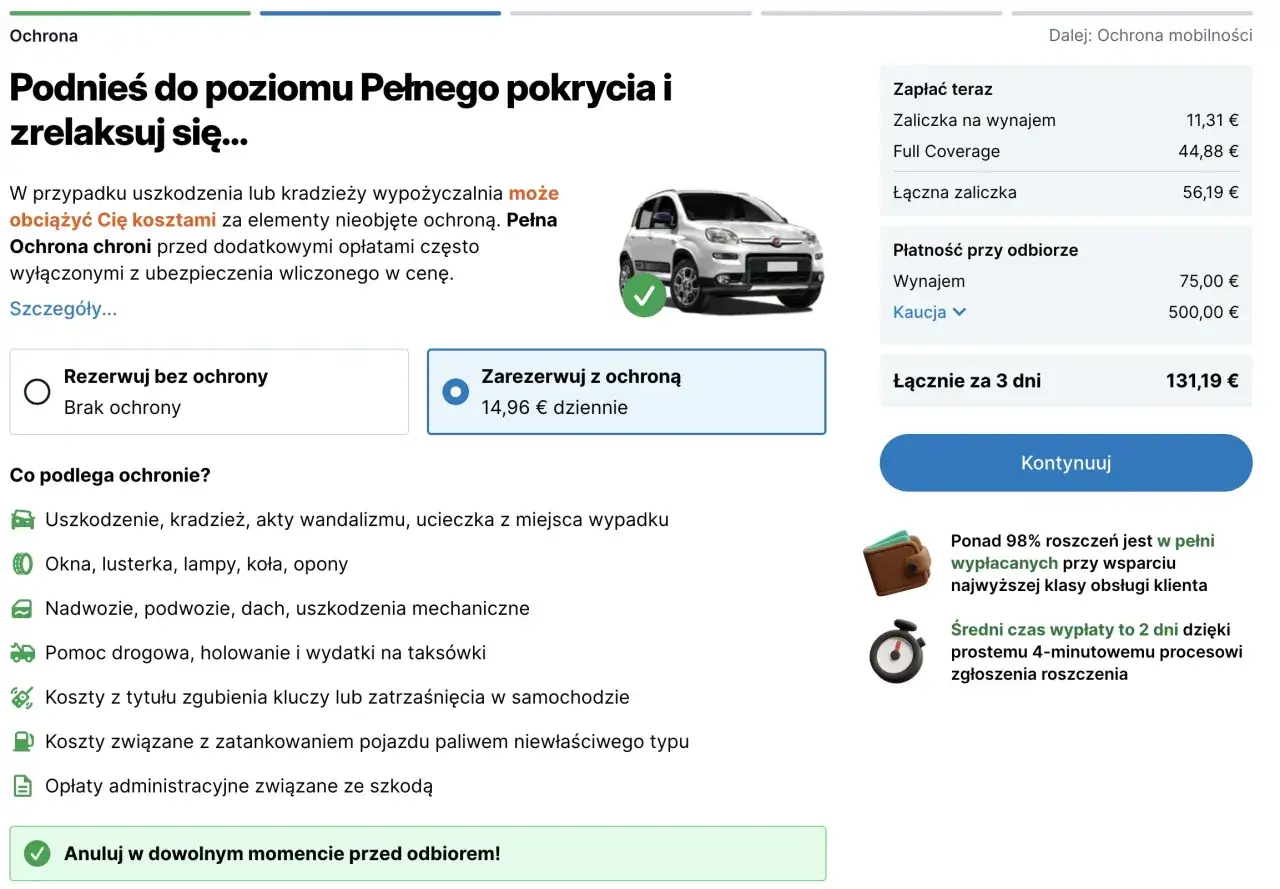 Ile kosztuje wypożyczenie samochodu z pełnym pokryciem? Opcja z ochroną to 14,96 € dziennie.