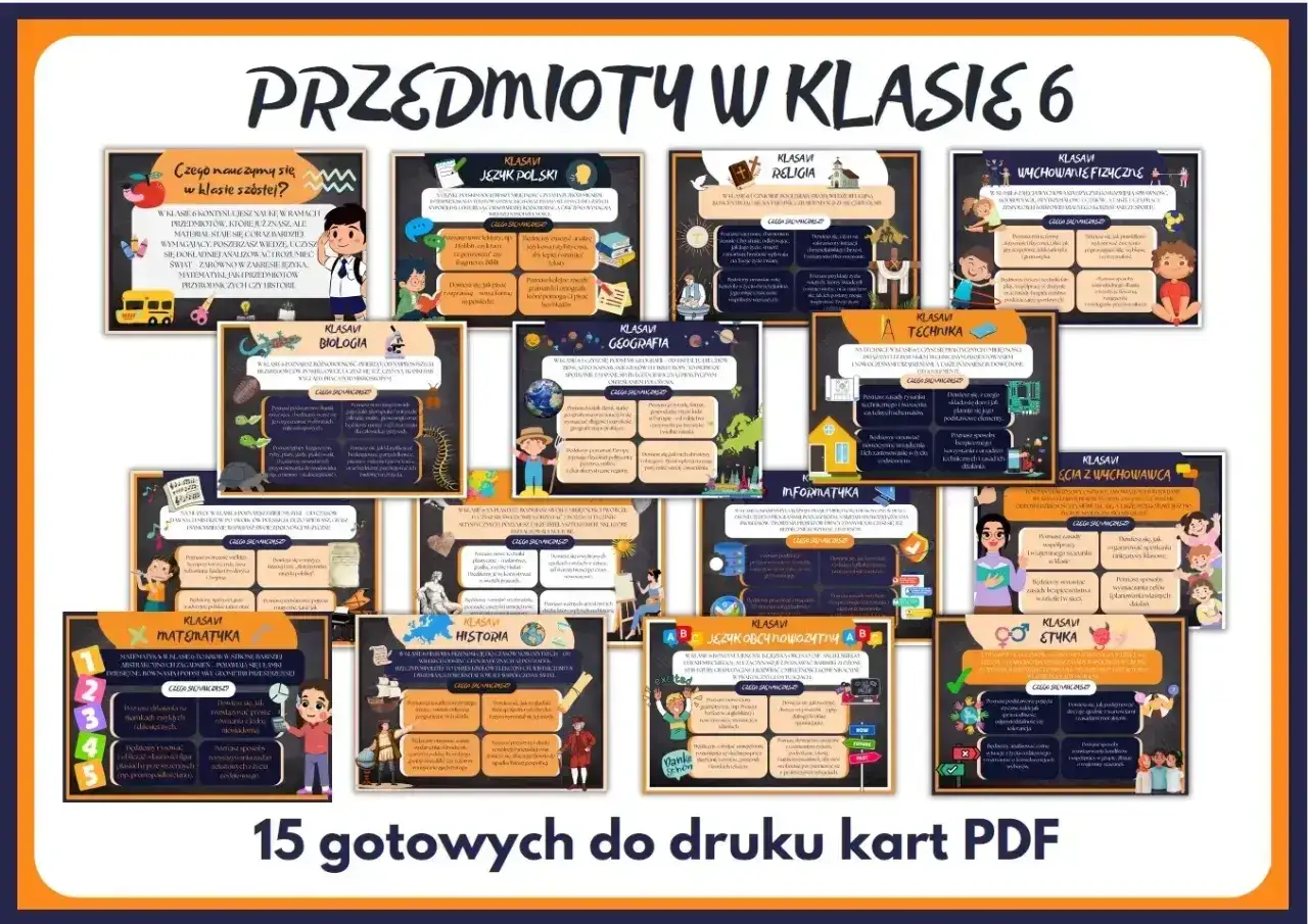 Zestaw 15 kart PDF do druku, prezentujący przedmioty w klasie 6. To świetny materiał do nauki, który ułatwi ten obcy scenariusz lekcji.