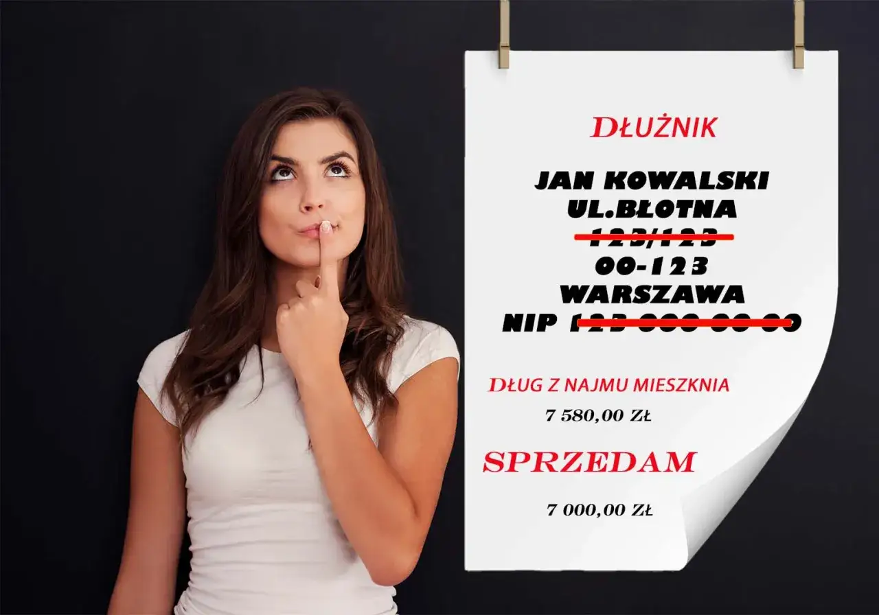 Kobieta zastanawia się, jak usunąć dane z długu. Na plakacie widnieje nazwisko dłużnika i kwota zadłużenia.