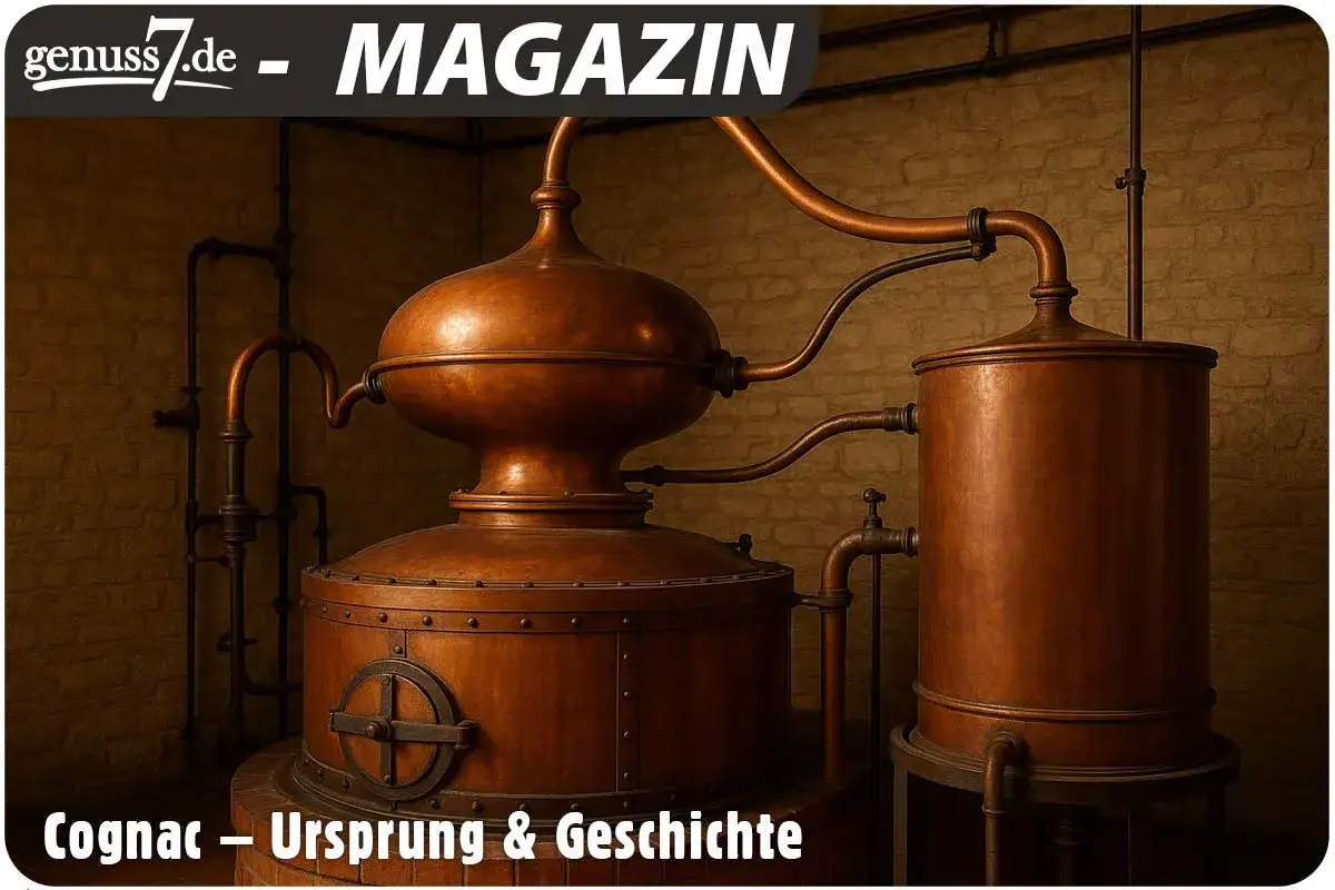 Kupferne Brennblase und Destillierkolben, die zeigen, woraus Cognac gemacht wird. Ein Einblick in die Herstellung des edlen Tropfens.