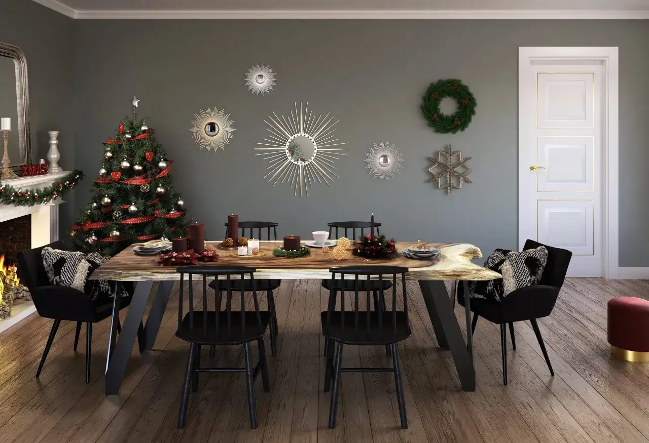 Salones decorados de navidad con &aacute;rbol, chimenea encendida y mesa puesta. Espejos solares y coronas adornan la pared.