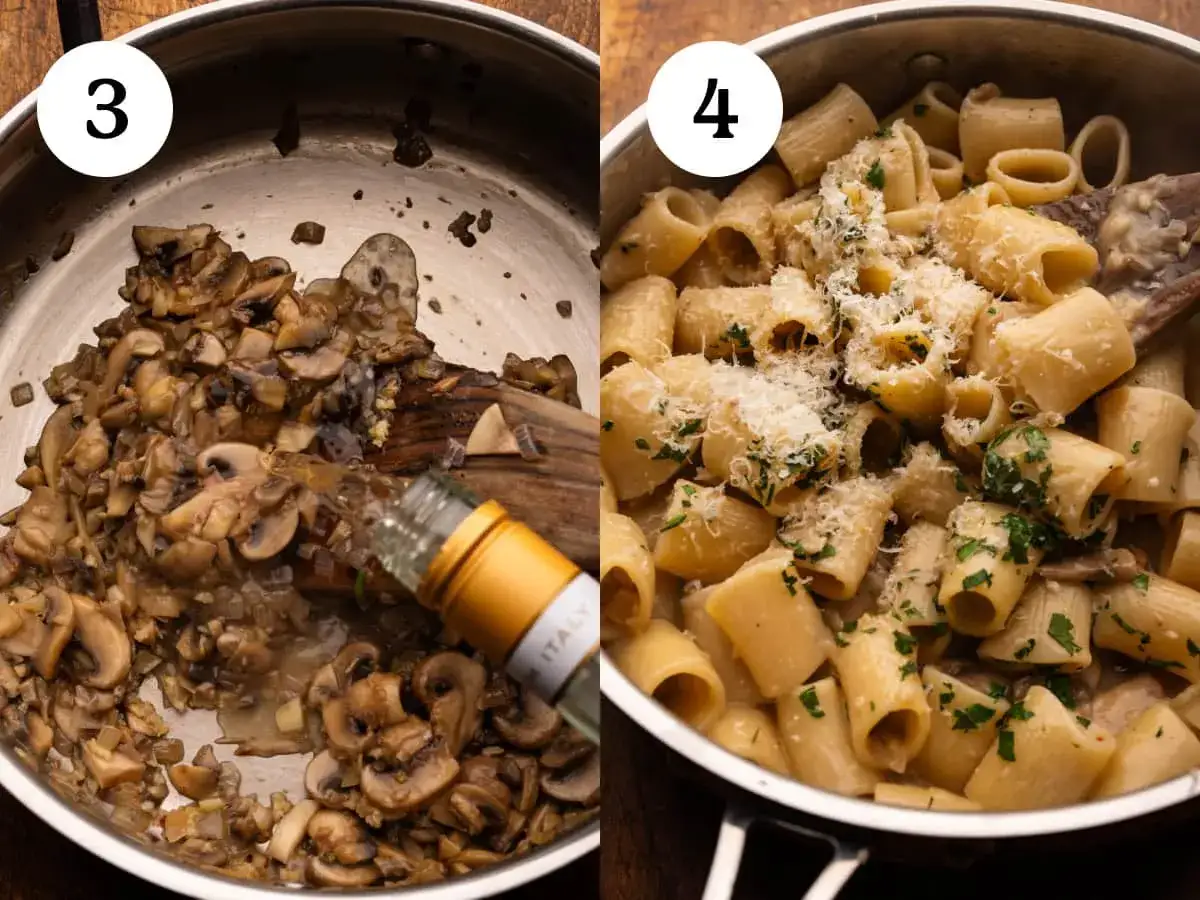 Schritt 3: Pilze werden in einer Pfanne mit Wein abgelöscht. Schritt 4: Fertige Pasta mit Champignons, italienisch, bestreut mit Parmesan.