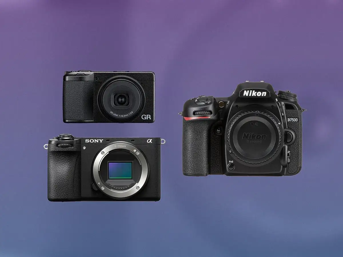 Trzy aparaty: kompaktowy Ricoh GR, bezlusterkowiec Sony Alpha i lustrzanka Nikon D7500. Jaki aparat fotograficzny wybrać?