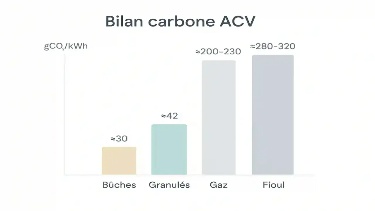 Bilan carbone ACV : le pouvoir calorifique des b&ucirc;ches (30 gCO₂/kWh) est bien inf&eacute;rieur &agrave; celui des granul&eacute;s (42), du gaz (200-230) et du fioul (280-320).