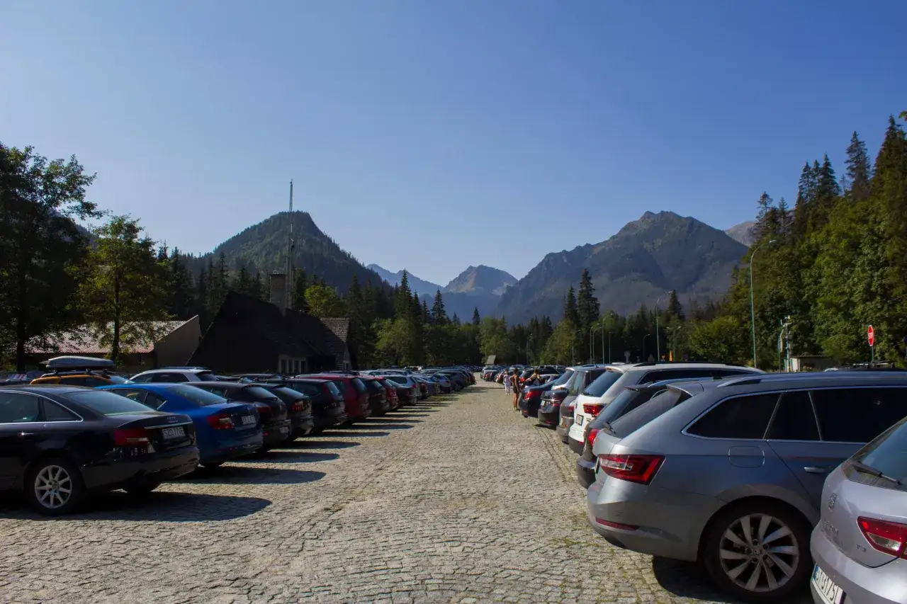 Rząd samochodów na łysa polana parking, z górami w tle.
