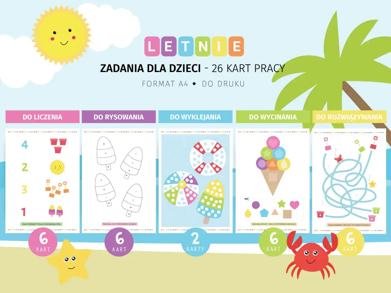 Letnie karty pracy dla 2 latka: liczenie, rysowanie, wyklejanie, wycinanie i rozwiązywanie zadań. Zabawa gwarantowana!